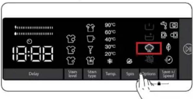 18:00 90°C 60°C 40°C 30°C 20°C Delay Stain level Stain type Temp. Spin Options Save +/Speed