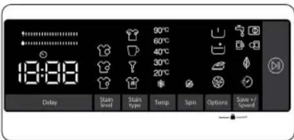18:00 90°C 60°C 40°C 30°C 20°C Delay Stain level Stain type Temp Spin Options Save +/Speed