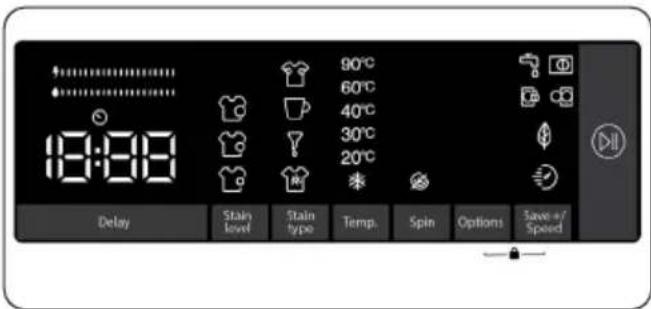 19:08 90°C 60°C 40°C 30°C 20°C * Delay Stain level Stain type Temp. Spin Options Save +/Speed