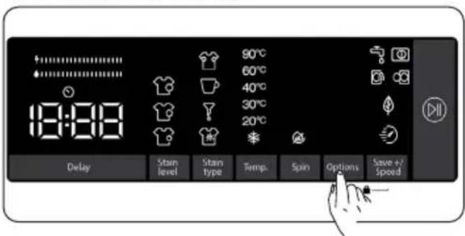 90°C 60°C 40°C 30°C 20°C Delay Stain level Stain type Temp. Spin Options Save +/Speed