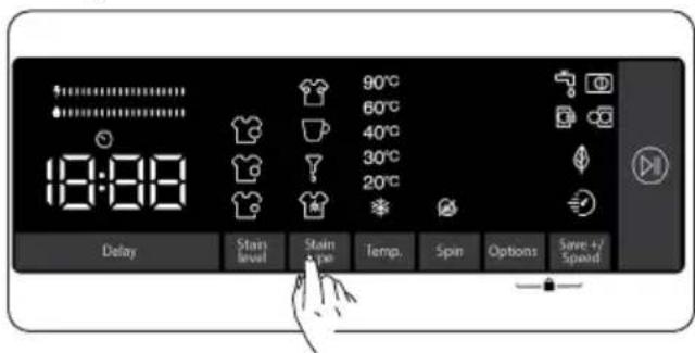 90°C 60°C 40°C 30°C 20°C Delay Stain Level Stain Type Temp. Spin Options Save +/Speed