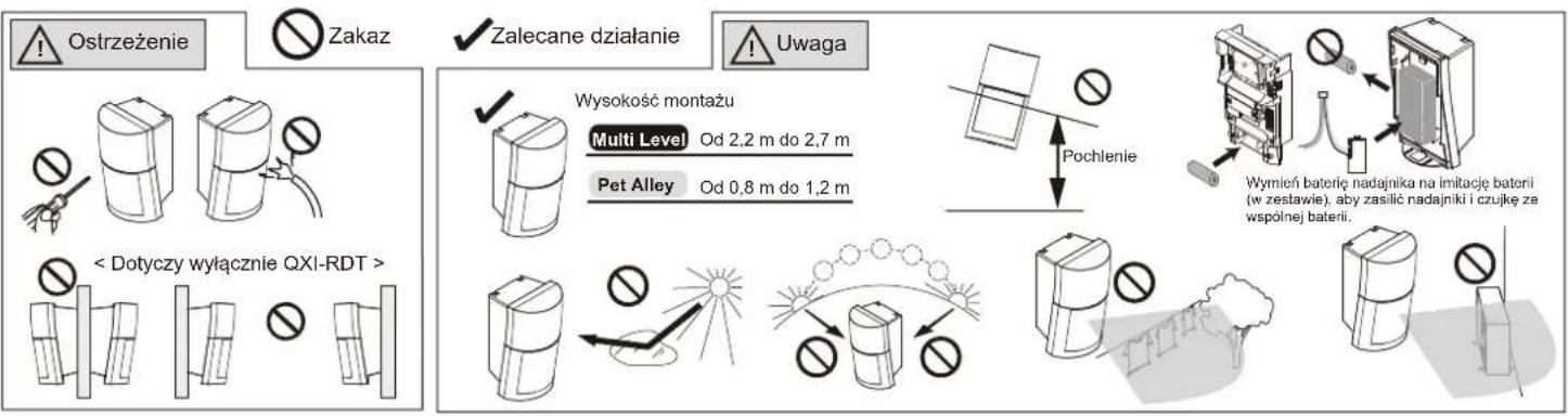 Ostrzeżenie Zakaz Zalecane działanie Uwaga Wysokość montażu Multi Level Od 2,2 m do 2,7 m Pet Alley Od 0,8 m do 1,2 m Pochlenie Wymień baterię nadajnika na imitację baterii (w zestawie), aby zasilić nadajniki i czujkę ze wspólnej baterii.