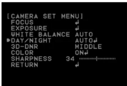 [CAMERA SET MENU] FOCUS EXPOSURE WHITE BALANCE AUTO DAY/NIGHT AUTO 3D-DNR MIDDLE COLOR ON SHARPNESS 34 RETURN