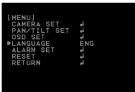 [MENU] CAMERA SET PAN/TILT SET OSD SET LANGUAGE ENG ALARM SET RESET RETURN