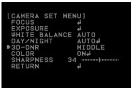 [CAMERA SET MENU] FOCUS EXPOSURE WHITE BALANCE AUTO DAY/NIGHT AUTO 3D-DNR MIDDLE COLOR ON SHARPNESS 34 RETURN