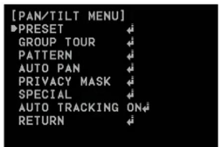 [PAN/TILT MENU] PRESET GROUP TOUR PATTERN AUTO PAN PRIVACY MASK SPECIAL AUTO TRACKING ON RETURN