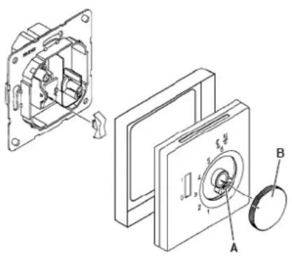 Technical diagram of a mechanical assembly with labeled parts A, B, and numbered components 1 to 8