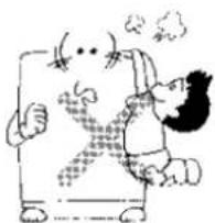 Cartoon drawing of a person reacting to a computer screen displaying a speech bubble with Chinese text.