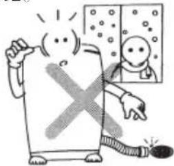 Cartoon illustration showing a person with a cross symbol being struck by a device, with a window showing a person and falling objects.