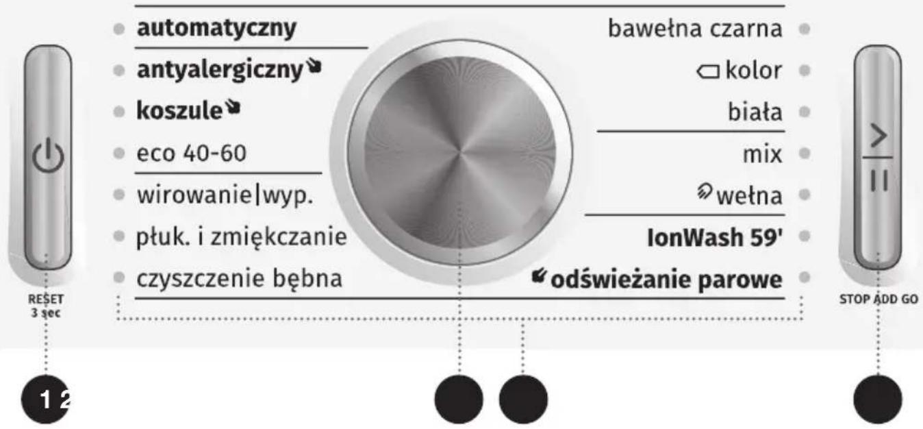 automatyczny antyalergiczny koszule eco 40-60 wirowanie|wyp. płuk. i zmiękczanie czyszczenie bębna bawełna czarna kolor biała mix wetna IonWash 59' odświeżanie parowe 12 RESET 3 sec STOP ADD GO