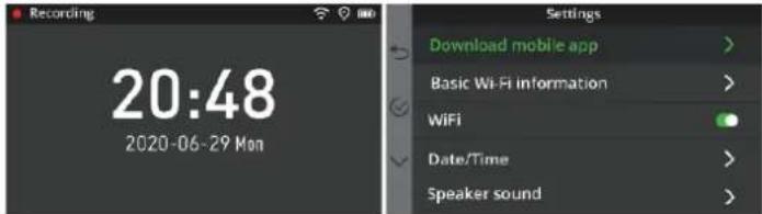 Recording 20:48 2020-06-29 Mon Settings Download mobile app > Basic Wi-Fi information > WiFi Date/Time > Speaker sound >