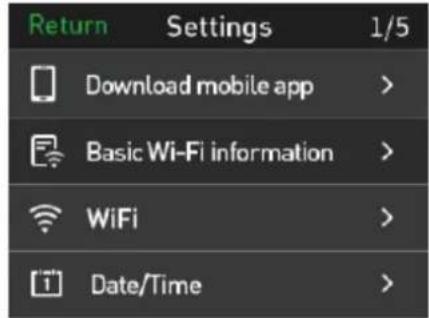 Return Settings 1/5 Download mobile app > Basic Wi-Fi information > WiFi > Date/Time >
