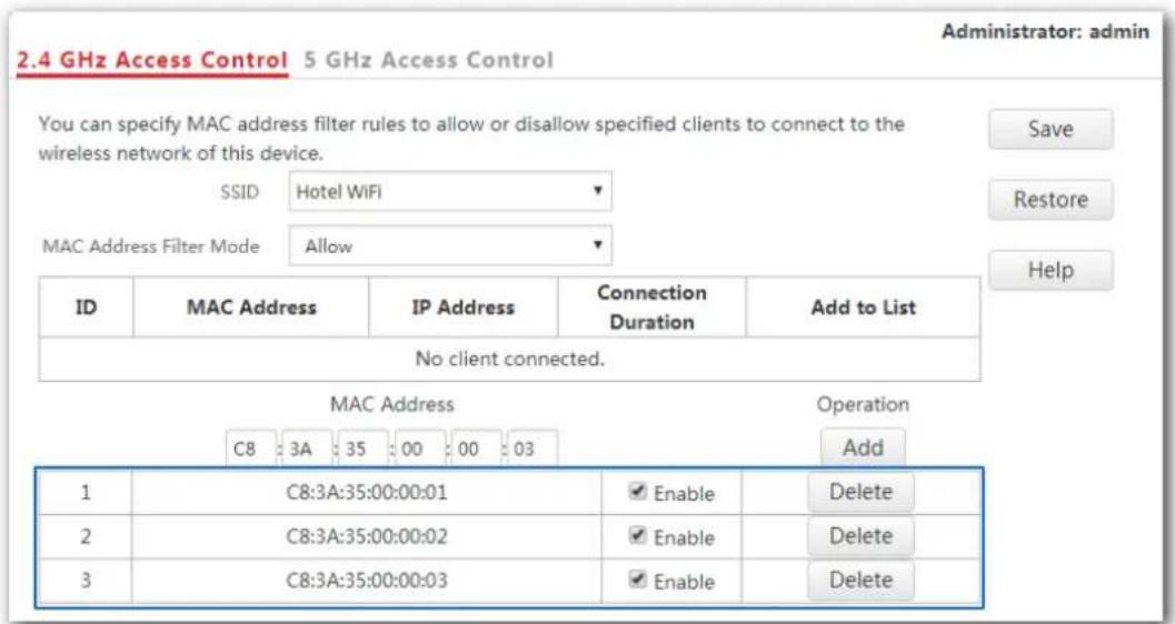 2.4 GHz Access Control 5 GHz Access Control Administrator: admin You can specify MAC address filter rules to allow or disallow specified clients to connect to the wireless network of this device. SSID Hotel WIFI MAC Address Filter Mode Allow ID MAC Address IP Address Connection Duration Add to List No client connected. MAC Address Operation C8 3A 35 00 00 03 Add 1 C8:3A:35:00:00:01 Enable Delete 2 C8:3A:35:00:00:02 Enable Delete 3 C8:3A:35:00:00:03 Enable Delete