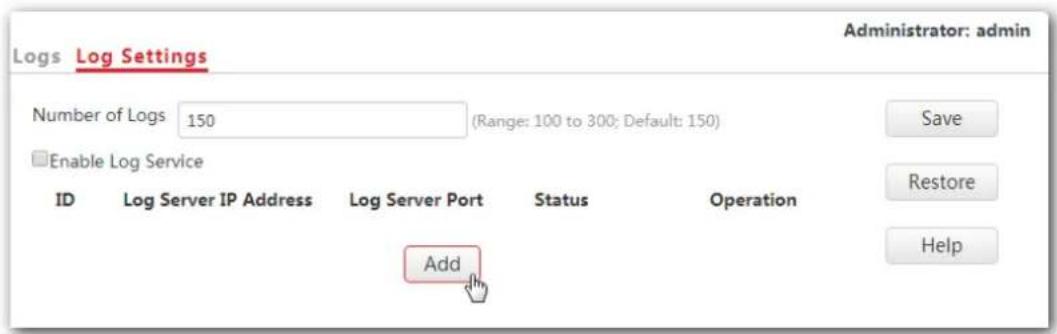 Logs Log Settings Number of Logs 150 (Range: 100 to 300; Default: 150) Enable Log Service ID Log Server IP Address Log Server Port Status Operation Add Administrator: admin Save Restore Help