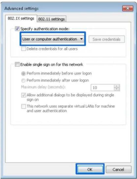 Advanced settings 802.1X settings 802.11 settings Specify authentication mode: User or computer authentication ▼ Save credentials Delete credentials for all users Enable single sign on for this network Perform immediately before user logon Perform immediately after user logon Maximum delay (seconds): 10 Allow additional dialogs to be displayed during single sign on This network uses separate virtual LANs for machine and user authentication OK Cancel