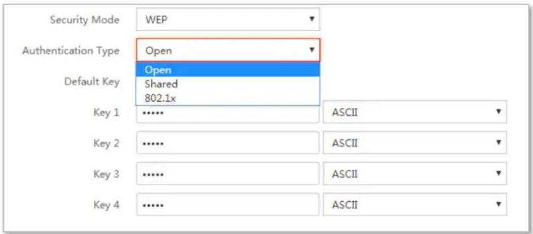 Security Mode WEP Authentication Type Open Open Default Key Shared 802.1x Key 1 ...... ASCII Key 2 ...... ASCII Key 3 ...... ASCII Key 4 ...... ASCII