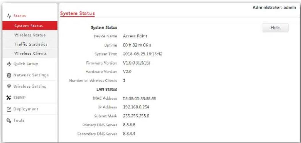 System Status Administrator: admin System Status Device Name Access Point Uptime 00 h 32 m 06 s System Time 2018-08-25 16:13:42 Firmware Version V1.0.0.3(2615) Hardware Version V2.0 Number of Wireless Clients 1 LAN Status MAC Address D8:38:0D:88:88:B8 IP Address 192.168.0.254 Subnet Mask 255.255.255.0 Primary DNS Server 8.8.8.8 Secondary DNS Server 8.8.4.4 Wireless Status Wireless Status Traffic Statistics Wireless Clients Quick Setup Network Settings Wireless Setting SNMP Deployment Tools