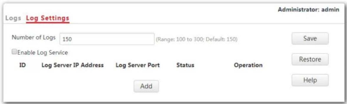 Logs Log Settings Number of Logs 150 (Range: 100 to 300; Default: 150) Enable Log Service ID Log Server IP Address Log Server Port Status Operation Add Administrator: admin Save Restore Help