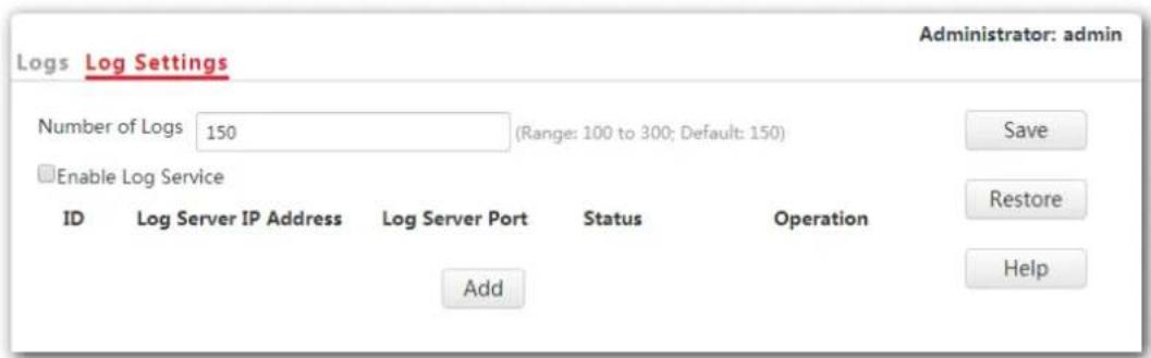 Logs Log Settings Number of Logs 150 (Range: 100 to 300; Default: 150) Enable Log Service ID Log Server IP Address Log Server Port Status Operation Add Administrator: admin Save Restore Help