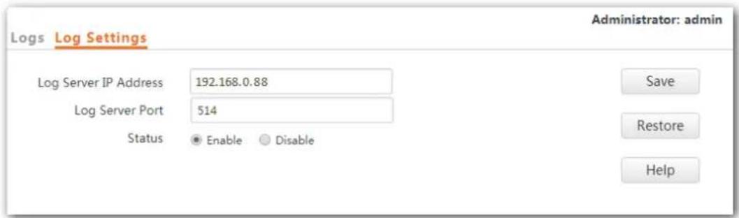 Logs Log Settings Log Server IP Address 192.168.0.88 Log Server Port 514 Status Enable Disable Administrator: admin Save Restore Help