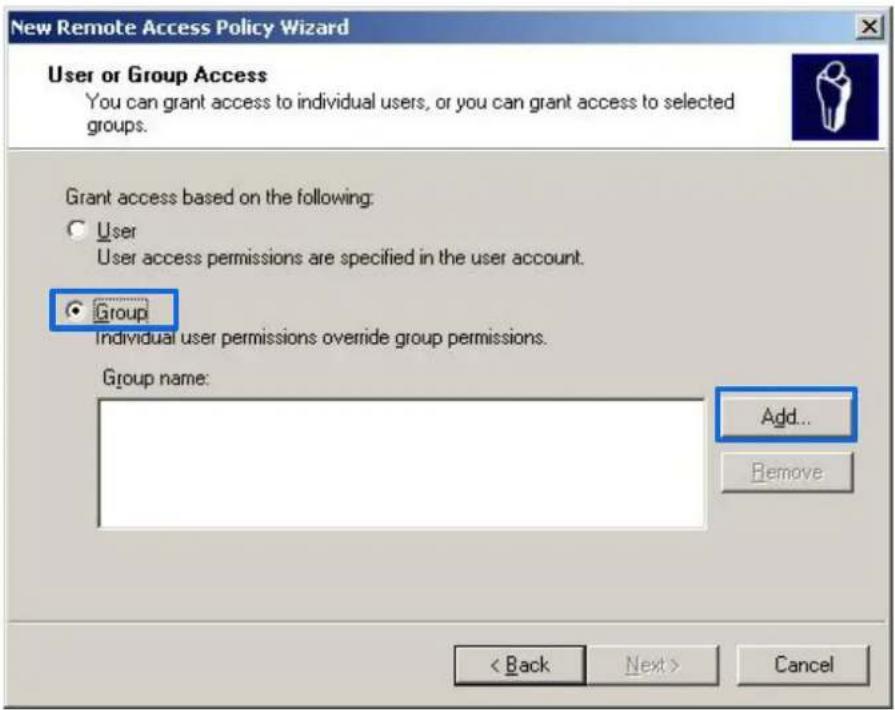 New Remote Access Policy Wizard User or Group Access You can grant access to individual users, or you can grant access to selected groups. Grant access based on the following: ○ User User access permissions are specified in the user account. ● Group Individual user permissions override group permissions. Group name: Add... Remove < Back Next > Cancel