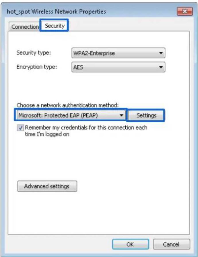 hot_spot Wireless Network Properties Connection Security Security type: WPA2-Enterprise Encryption type: AES Choose a network authentication method: Microsoft: Protected EAP (PEAP) Settings ✓ Remember my credentials for this connection each time I'm logged on Advanced settings OK Cancel