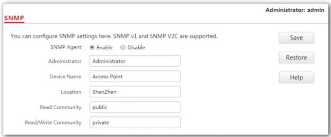 SNMP Administrator: admin You can configure SNMP settings here. SNMP v1 and SNMP V2C are supported. SNMP Agent Enable Disable Administrator Administrator Device Name Access Point Location ShenZhen Read Community public Read/Write Community private Save Restore Help