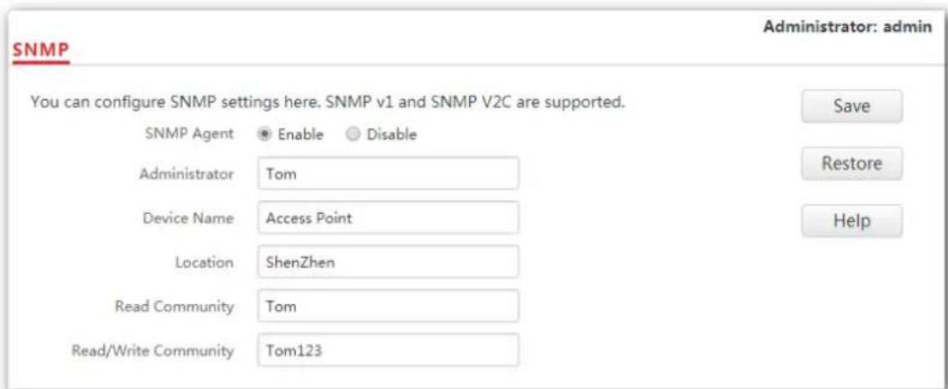 SNMP Administrator: admin You can configure SNMP settings here. SNMP v1 and SNMP V2C are supported. SNMP Agent Enable Disable Administrator Tom Device Name Access Point Location ShenZhen Read Community Tom Read/Write Community Tom123 Save Restore Help