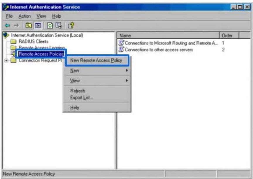 Internet Authentication Service File Action View Help Internet Authentication Service (Local) RADIUS Clients Remote Access Logging Remote Access Policies Connection Request Pr New Remote Access Policy New View Refresh Export List... Help Name Order Connections to Microsoft Routing and Remote A... 1 Connections to other access servers 2 New Remote Access Policy New View Refresh Export List... Help