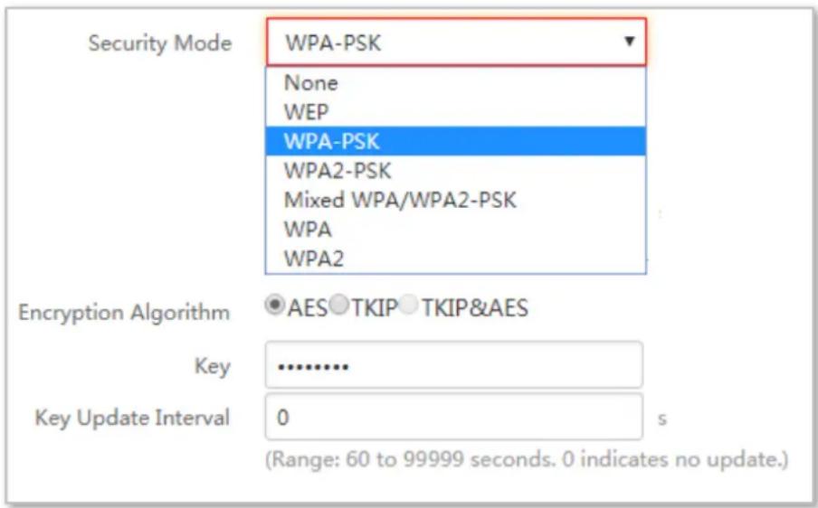 Security Mode WPA-PSK None WEP WPA-PSK WPA2-PSK Mixed WPA/WPA2-PSK WPA WPA2 Encryption Algorithm AES○TKIP○TKIP&AES Key .......... Key Update Interval 0 (Range: 60 to 99999 seconds. 0 indicates no update.)