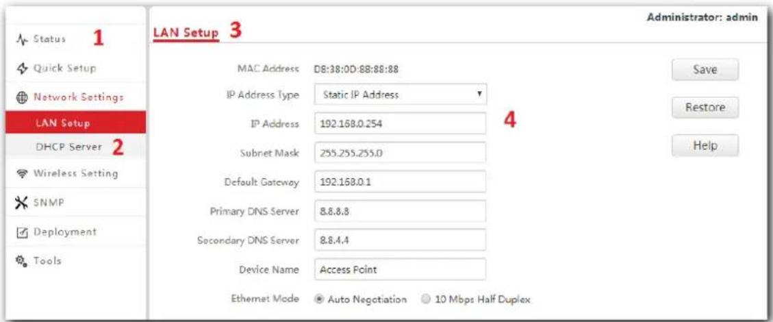 LAN Setup 3 Status 1 Quick Setup Network Settings LAN Setup DHCP Server 2 Wireless Setting SNMP Deployment Tools MAC Address D8:38:0D:88:88:88 IP Address Type Static IP Address IP Address 192.168.0.254 Subnet Mask 255.255.255.0 Default Gateway 192.168.0.1 Primary DNS Server 8.8.8.8 Secondary DNS Server 8.8.4.4 Device Name Access Point Ethernet Mode Auto Negotiation 10 Mbps Half Duplex Administrator: admin Save Restore Help