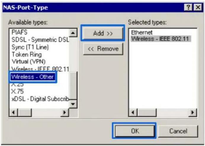 NAS-Port-Type Available types: PIAFS SDSL - Symmetric DSL Sync (T1 Line) Token Ring Virtual (VPN) Wireless - IEEE 802.11 Wireless - Other X.25 X.75 xDSL - Digital Subscrib Add >> << Remove Selected types: Ethernet Wireless - IEEE 802.11 OK Cancel