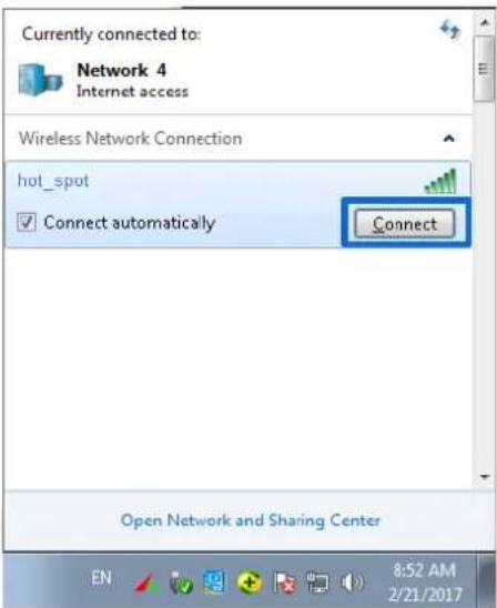 Currently connected to: Network 4 Internet access Wireless Network Connection hot_spot Connect automatically Connect Open Network and Sharing Center EN 8:52 AM 2/21/2017