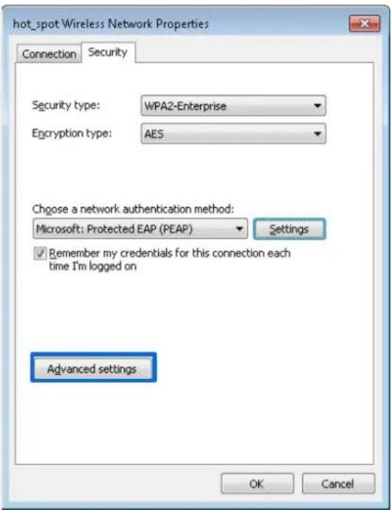 hot_spot Wireless Network Properties Connection Security Security type: WPA2-Enterprise Encryption type: AES Choose a network authentication method: Microsoft: Protected EAP (PEAP) Settings Remember my credentials for this connection each time I'm logged on Advanced settings OK Cancel