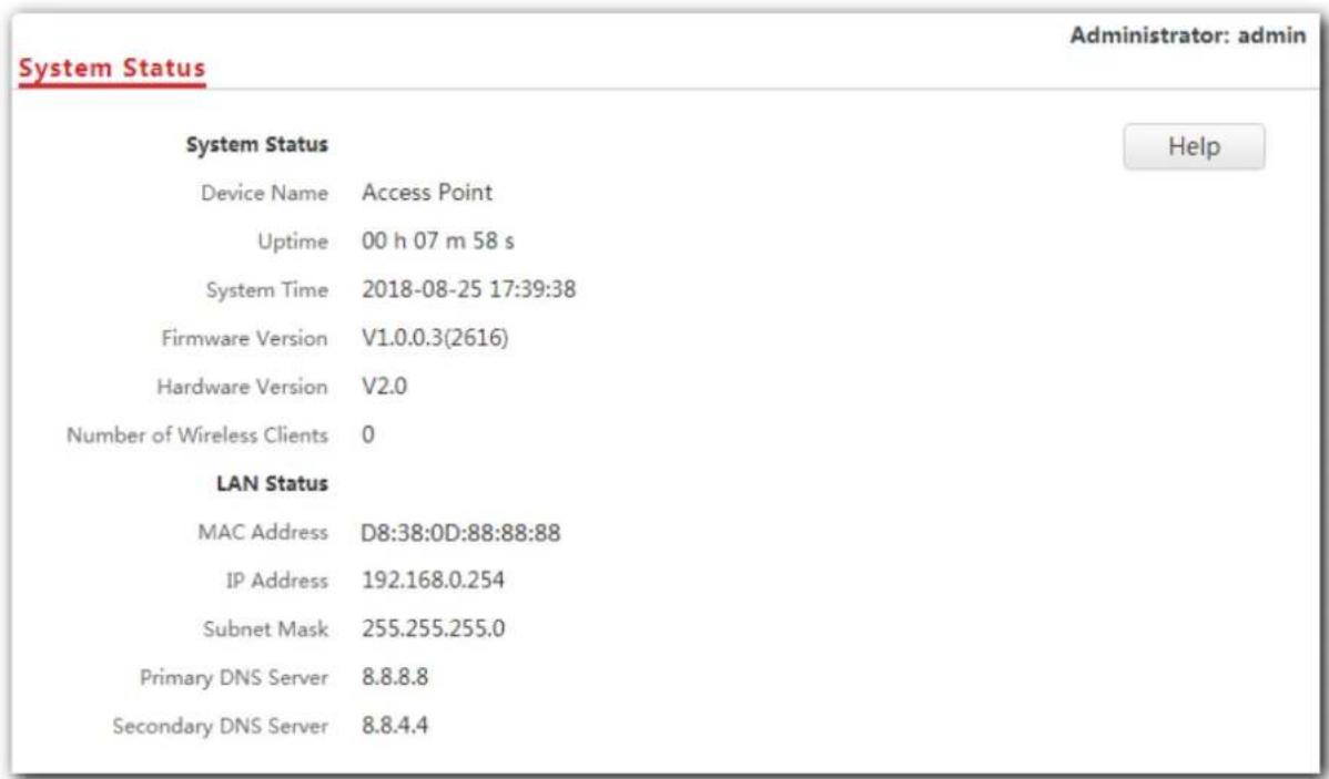 System Status Administrator: admin System Status Device Name Access Point Uptime 00 h 07 m 58 s System Time 2018-08-25 17:39:38 Firmware Version V1.0.0.3(2616) Hardware Version V2.0 Number of Wireless Clients 0 LAN Status MAC Address D8:38:0D:88:88:88 IP Address 192.168.0.254 Subnet Mask 255.255.255.0 Primary DNS Server 8.8.8.8 Secondary DNS Server 8.8.4.4 Help