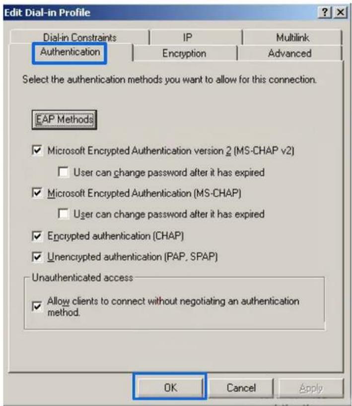 Edit Dial-in Profile Dial-in Constraints IP Multilink Authentication Encryption Advanced Select the authentication methods you want to allow for this connection. EAP Methods ✓ Microsoft Encrypted Authentication version 2 (MS-CHAP v2) □ User can change password after it has expired ✓ Microsoft Encrypted Authentication (MS-CHAP) □ User can change password after it has expired ✓ Encrypted authentication (CHAP) ✓ Unencrypted authentication (PAP, SPAP) Unauthenticated access ✓ Allow clients to connect without negotiating an authentication method. OK Cancel Apply