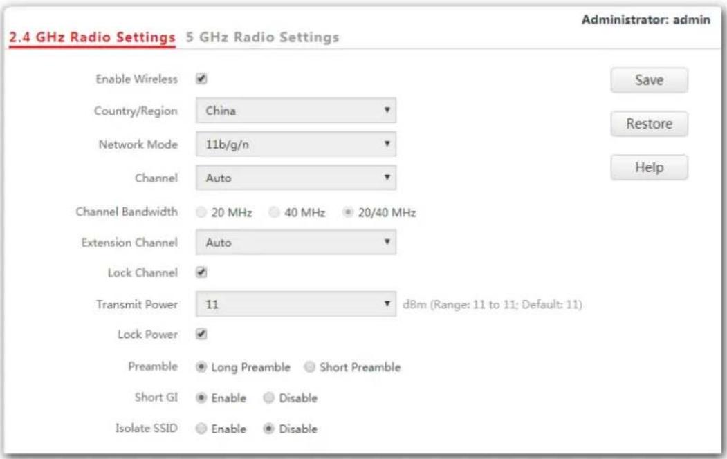 2.4 GHz Radio Settings 5 GHz Radio Settings Administrator: admin Enable Wireless ✓ Country/Region China ✓ Network Mode 11b/g/n ✓ Channel Auto ✓ Channel Bandwidth 20 MHz 40 MHz 20/40 MHz Extension Channel Auto ✓ Lock Channel ✓ Transmit Power 11 dBm (Range: 11 to 11; Default: 11) Lock Power ✓ Preamble Long Preamble Short Preamble Short GI Enable Disable Isolate SSID Enable Disable Save Restore Help