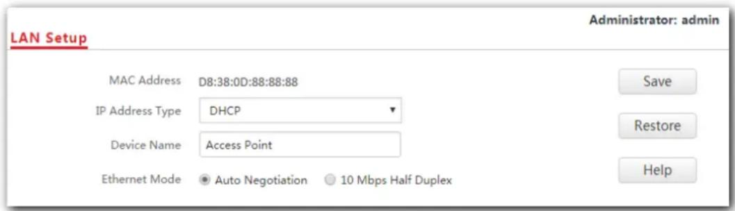 LAN Setup Administrator: admin MAC Address D8:38:0D:88:88:88 IP Address Type DHCP Device Name Access Point Ethernet Mode ● Auto Negotiation ○ 10 Mbps Half Duplex Save Restore Help