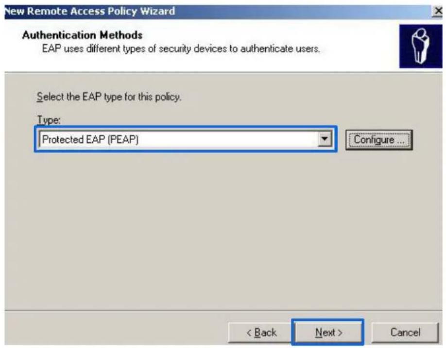 New Remote Access Policy Wizard Authentication Methods EAP uses different types of security devices to authenticate users. Select the EAP type for this policy. Type: Protected EAP (PEAP) Configure ... < Back Next > Cancel