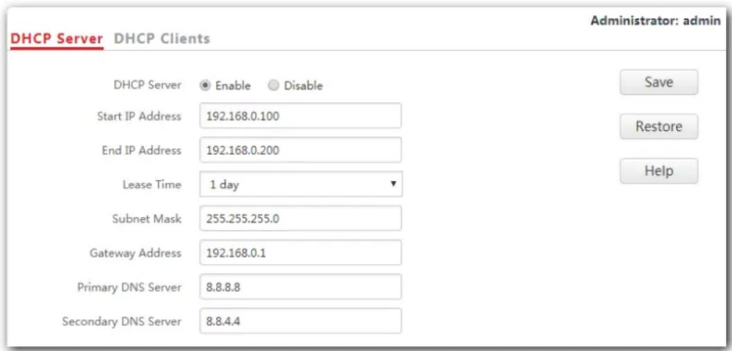 DHCP Server DHCP Clients Administrator: admin DHCP Server ● Enable ○ Disable Start IP Address 192.168.0.100 End IP Address 192.168.0.200 Lease Time 1 day ▼ Subnet Mask 255.255.255.0 Gateway Address 192.168.0.1 Primary DNS Server 8.8.8.8 Secondary DNS Server 8.8.4.4 Save Restore Help
