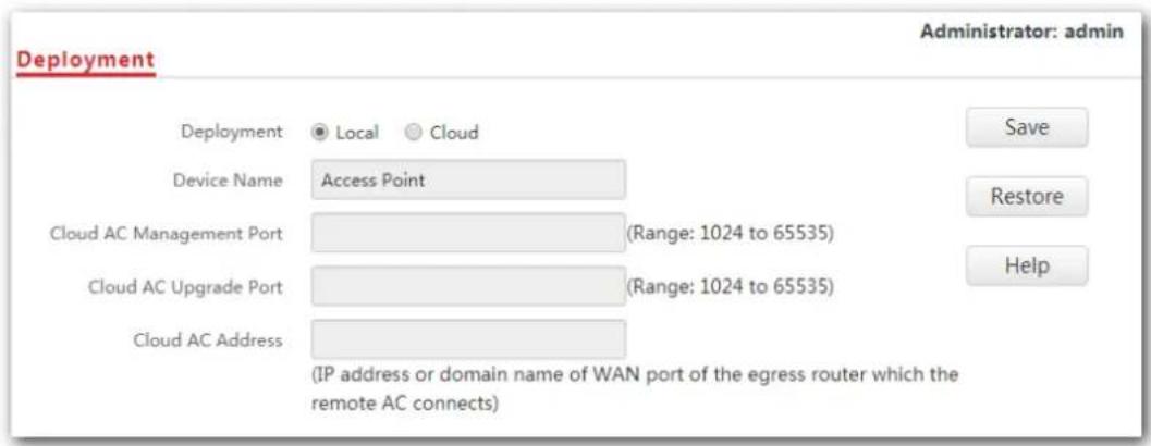 Deployment Administrator: admin Deployment ● Local ○ Cloud Device Name Access Point Cloud AC Management Port (Range: 1024 to 65535) Cloud AC Upgrade Port (Range: 1024 to 65535) Cloud AC Address (IP address or domain name of WAN port of the egress router which the remote AC connects)