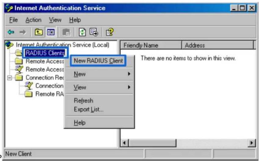 Internet Authentication Service File Action View Help Internet Authentication Service (Local) RADIUS Clients New RADIUS Client Friendly Name Address Remote Access New View There are no items to show in this view. Remote Access View Refresh Export List... Help Remote RA New Client
