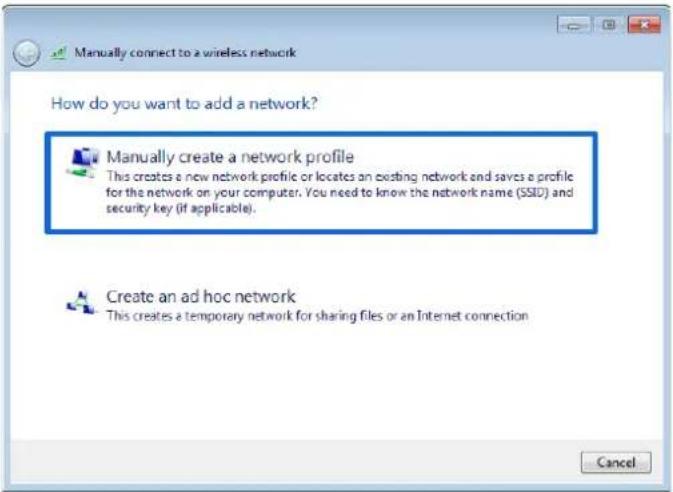 Manually connect to a wireless network How do you want to add a network? Manually create a network profile This creates a new network profile or locates an existing network and saves a profile for the network on your computer. You need to know the network name (SSID) and security key (if applicable). Create an ad hoc network This creates a temporary network for sharing files or an Internet connection Cancel