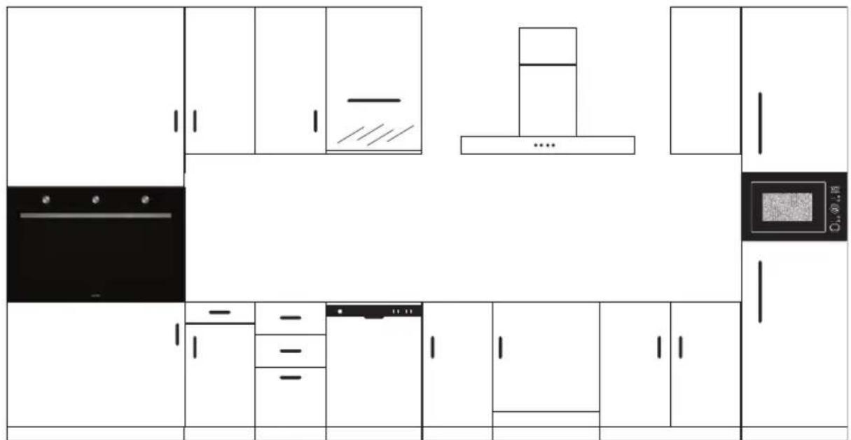 Architectural floor plan of a kitchen with labeled appliances and ventilation system