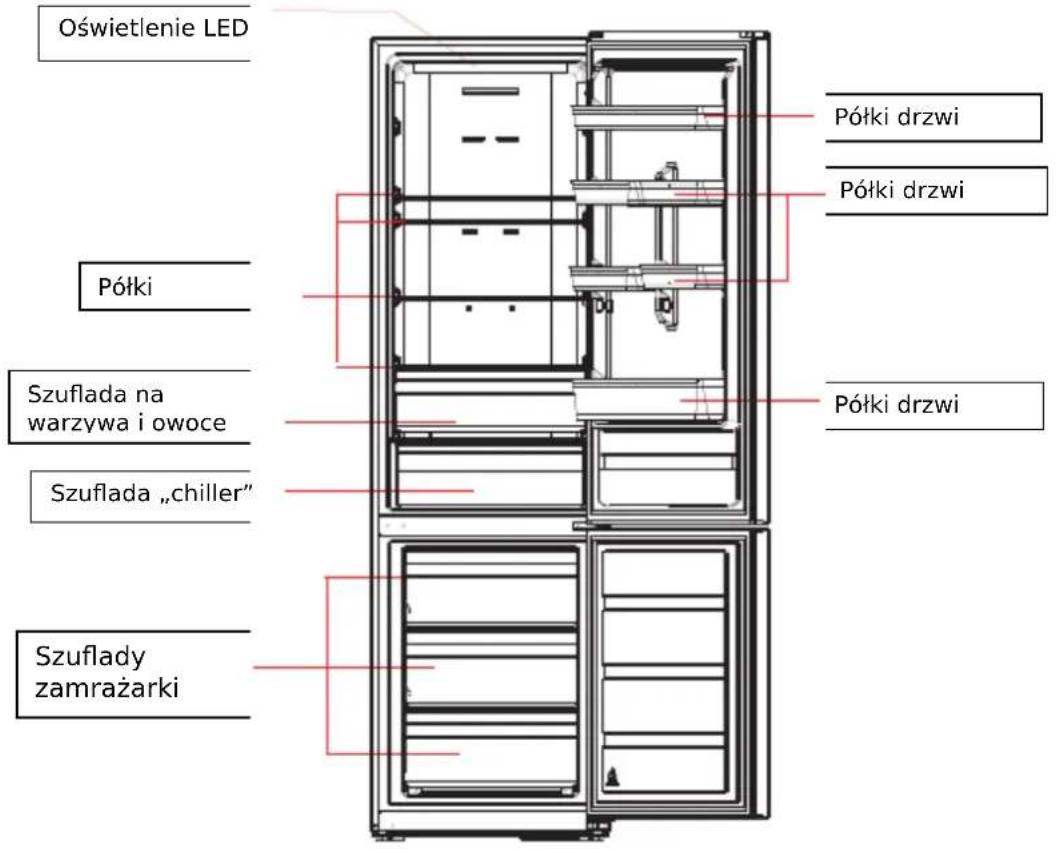Oświetlenie LED Półki Szuflada na warzywa i owoce Szuflada „chiller" Szuflady zamrażarki Półki drzwi Półki drzwi Półki drzwi