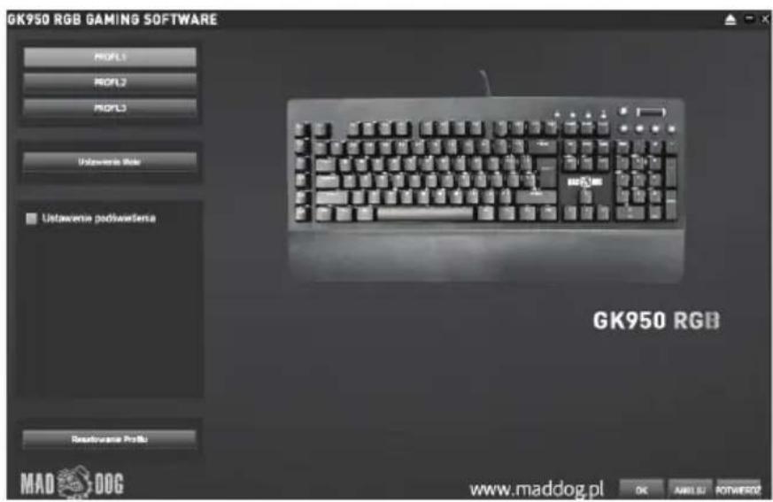 GK950 RGB GAMING SOFTWARE PROPL1 PROPL2 PROPL3 Unknowns Role Ustawania podwierdenna GK950 RGB Readowania Profile MAD DOG www.maddog.pl OK AMULU POTWEZ02