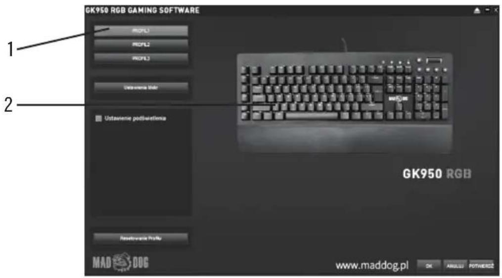 GK950 RGB GAMING SOFTWARE 1 2 PROPL1 PROPL2 PROPL3 Ustavirense Audio Ustavirense podhwistenza GK950 RGB Reactivante Profile MAD 1006 www.maddog.pl OK ANGUZ POTHEREZ