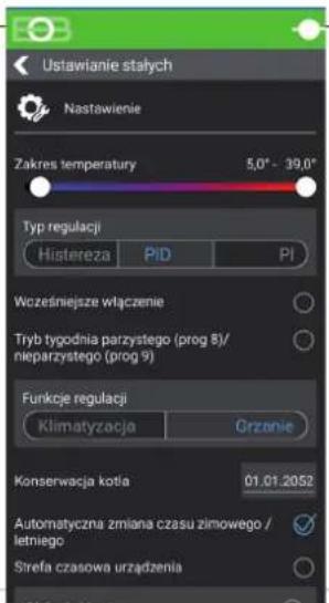 Ustawianie stałych Nastawienie Zakres temperatury 5,0° - 39,0° Typ regulacji Histereza PID PI Wożeśniejsze włączenie Tryb tygodnia parzystego (prog 8)/ nieparzystego (prog 9) Funkcje regulacji Klimatyzacja Grzanie Konserwacja kotla 01.01.2052 Automatyczna zmiana czasu zimowego / letniego Strefa czasowa urządzenia