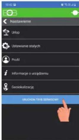 Nastawienie Urlop Ustawianie stałych Profil Informacje o urządzeniu Geolokalizację URUCHOM TRIB SERWOSOWY