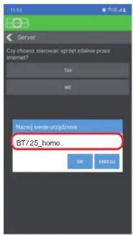 11.12 Server Czy choȩcz sterowac sprzȩt zdaźnie przyez Internet? TAX NE Nazwij swoje urzidzenie BT/25_home OK AMELLI